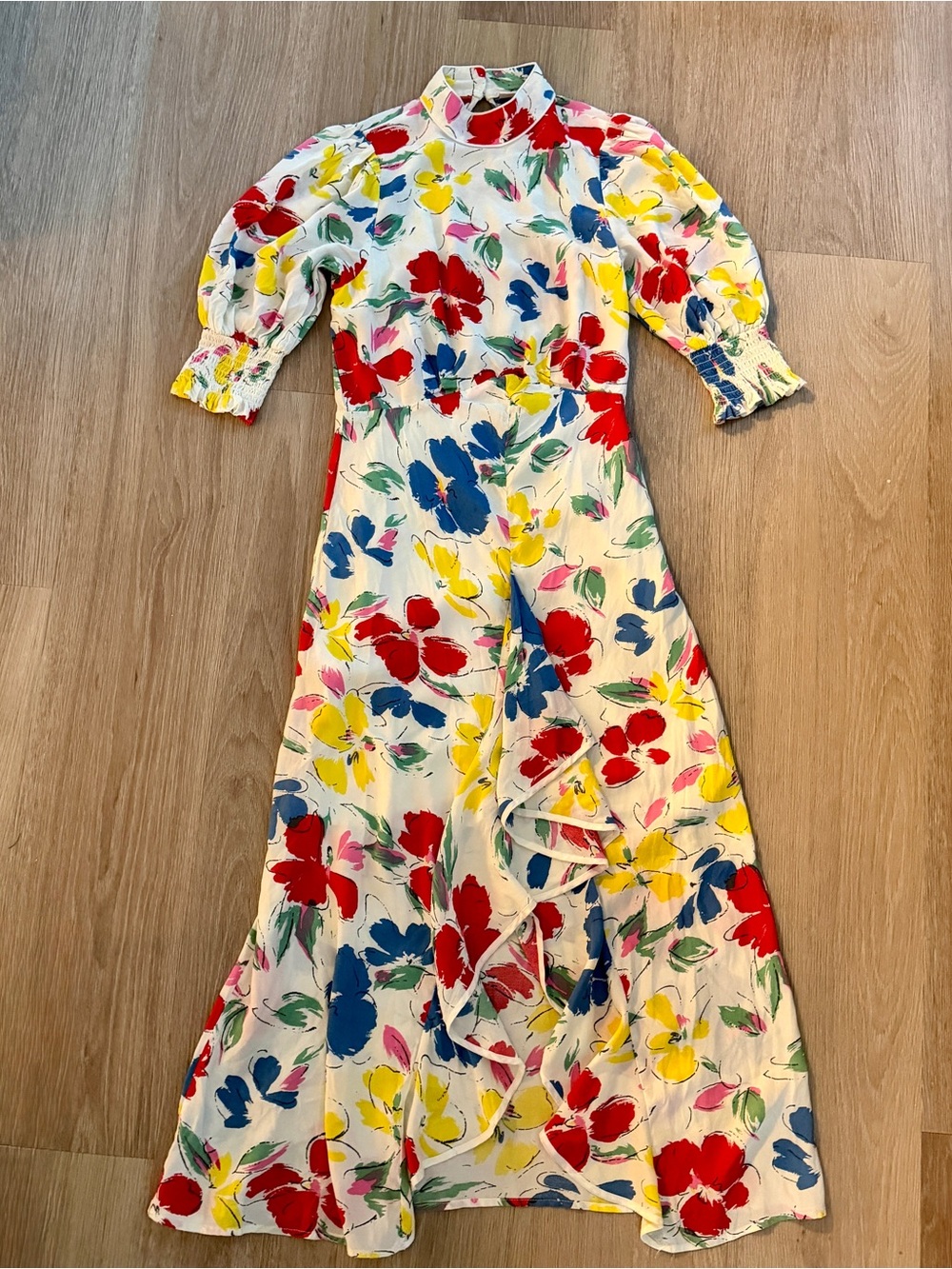 White Floral Ruffle Maxi Dress with Puff Sleeves